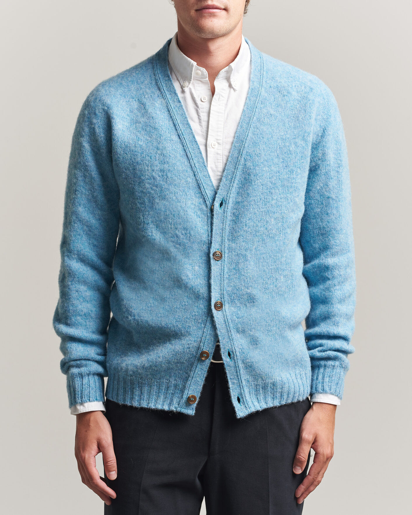 Harley Of Scotland Brushed Supersoft Lambswool Cardigan Loch Blue men S Blå