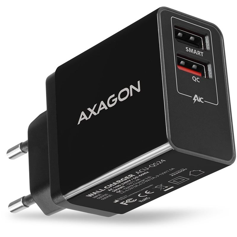 AXAGON ACU-QS24 Ladegerät, 2x USB-A, QC3.0/Smart 5V 1,2A, 24W - schwarz