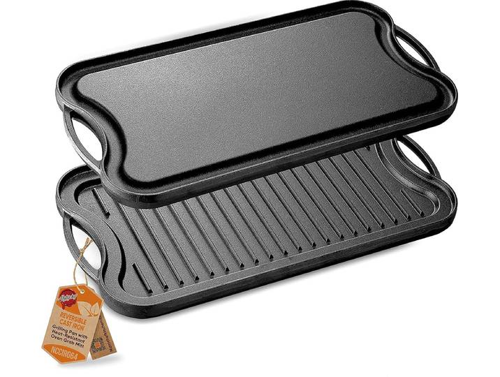 NutriChef Bakplaat - Grillplaat – Gietijzeren Ribbelplaat- Platte & Geribbelde Zijden- Omkeerbare Grillplaat- Extra Breed- Ovenbestendig- Compatibel met Meerdere Kookplaten