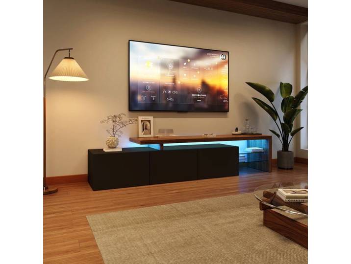 Meuble TV Meuble TV noir Meuble TV LED Panneaux de bois & verre trempé espace de rangement pratique noir brillant+aspect bois