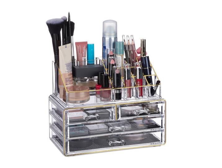 Relaxdays Kosmetikorganizer Gold-Streifen Acryl 2er-Set 4 Schubladen, Transparent, Goldfarben, Kunststoff, 24x19x13.5 cm, Ordnen & Aufbewahren, Deko- & Aufbewahrungsboxen, Organizer