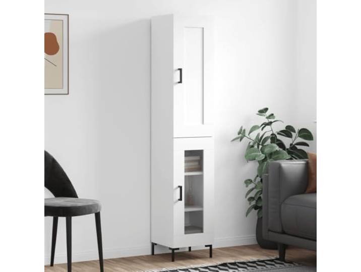 RJPLMFV Anrichte hoch, weiß, 34,5 x 34 x 180 cm, Holz, Ingenieurskunst Glastür, Metallbeine, schmale Schrankaufbewahrung, Wandbefestigung inklusive
