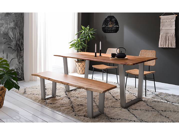 Massive Baumkanten-Sitzbank 160cm Braun/Akazie Braun Trapezförmig Silber