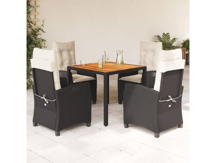 HEFZGDB 5-TLG. Garten-Essgruppe mit Kissen Schwarz Poly Rattan, Outdoor Esstischgruppe mit verstellbaren Sesseln und Akazienholz Tischplatte, wetterbeständige PE Rattan Möbel