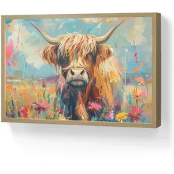 WANDLEUCHTE MIT AKKU Schottische Hochländer - Natur - Farbenfroh - Blumen Beleuchtung 60x40 cm Wandlampe