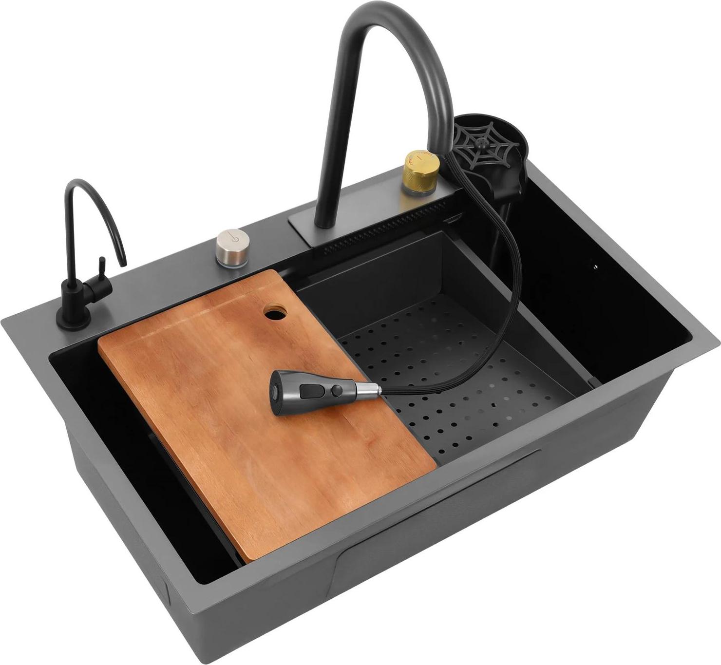 Küchenspüle aus Edelstahl, rechteckig schwarz, Set mit Siebkorb, 2 Armaturen, Schneidebrett und Becherspüler