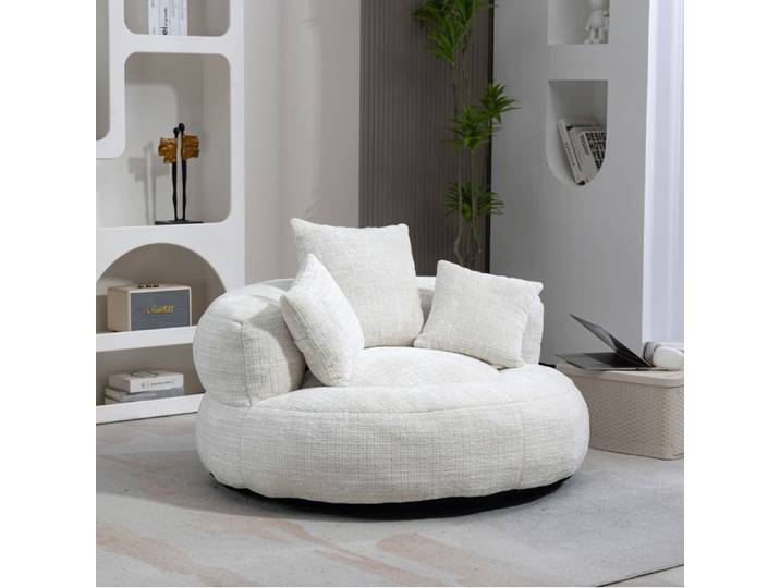 Fauteuil lazy bean bag chair 108x108x52 cm chenille beige avec accoudoirs dossier haut coussins inclus FOLYNA