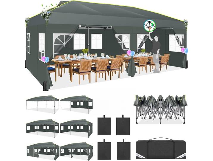 Gazebo pop-up 3x6, tente de fête étanche avec 6 parois latérales, tonnelle de jardin avec bandes réfléchissantes et ouverture de ventilation pour les mariages