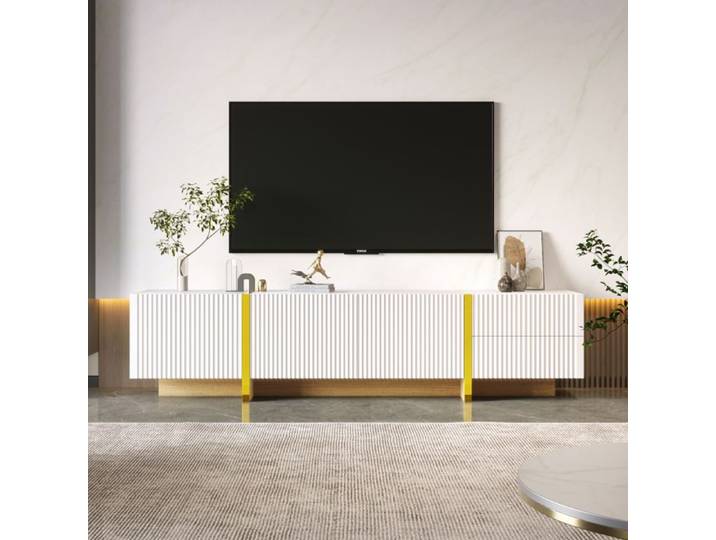 Meuble TV - Élégance - 190x35x45cm - Blanc et Or - 3 Portes - 2 Tiroirs