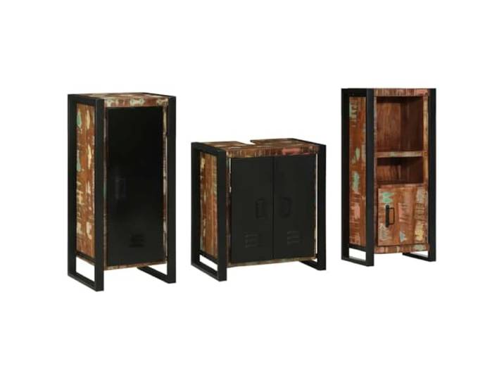 Badezimmermöbel Set 3 Stk Mehrfarbig und Schwarz Massivholz Türen, Eisenkomponenten, wandmontiert, freistehender Schrank, Waschtischschrank, pflegeleicht, modern