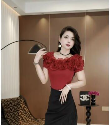 Universal Stock Elegant Off Shoulder Top For Women Chic Cotton T Shirt With Ruffle Sleeves & Slim Fit wine Red xl