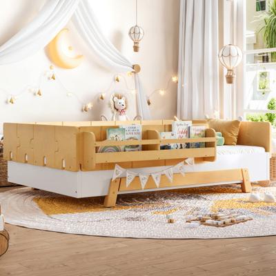 GREATPLANINC Low-Profile Wood Montessori Bed Platform Bed with Guardrails Bookshelves