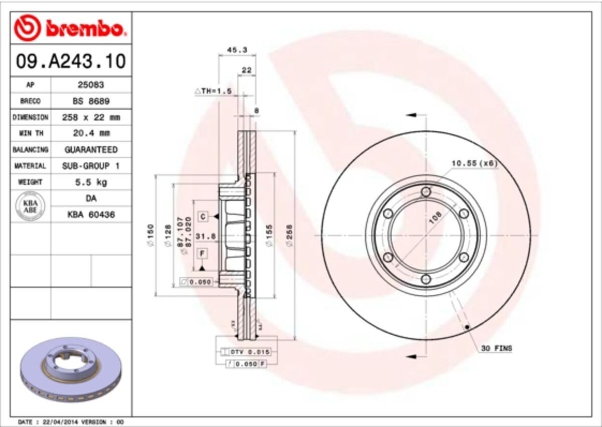 Bremsscheibe BREMBO 09.A243.10, vorne, belüftet, 1 Stück