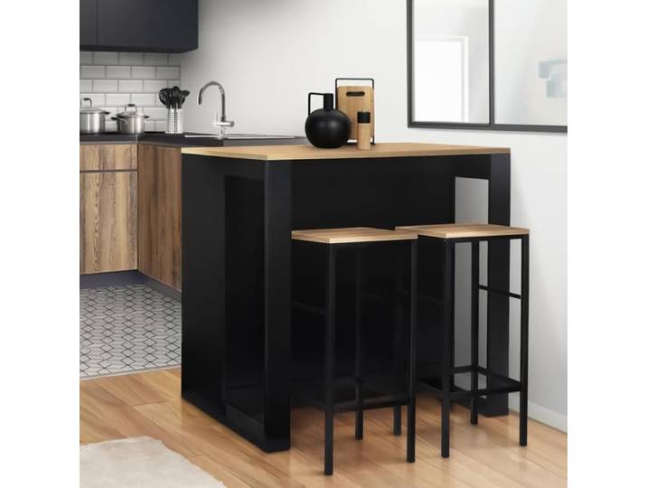 IDMARKET Table de bar îlot JUNO bois noir et plateau façon hêtre