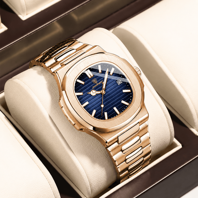 PRiME Fashion Square Quartz Watch For Men, Waterproof Luminous Date Stainless Steel, Business Luxury Wristwatch 613 Rose Gold Blue