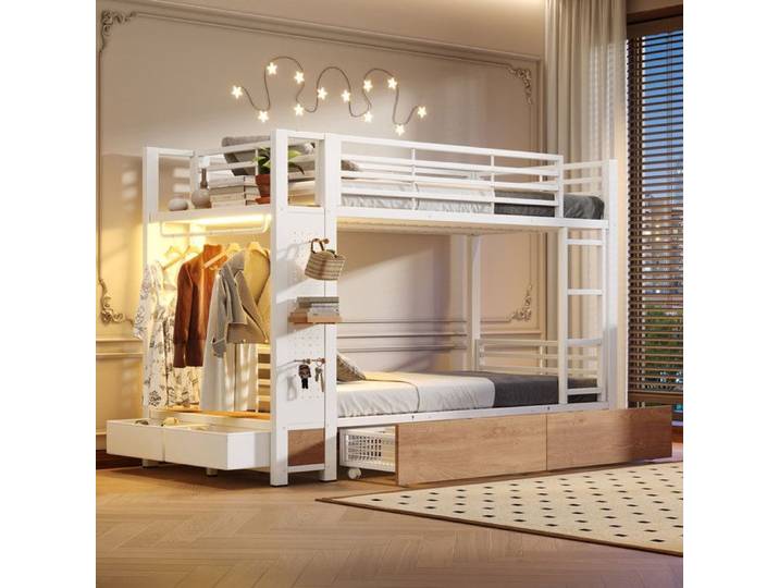 Lit Superposé 90x200 Métal Blanc EN747 Lit Enfant Ado avec 4 Grands Tiroirs Tringle Vêtements LED Intelligent Matelas Non Inclus