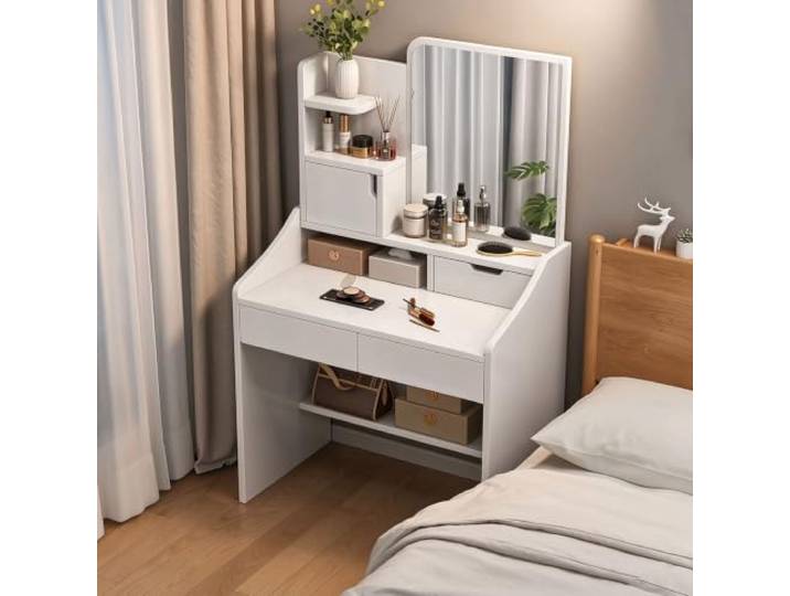 Weißer Schminktisch mit Spiegel Schubladen,moderner kleiner Schminktisch mit Aufbewahrungsschrank und Regalen, staubdichte Aufbewahrung,3-in-1-Make-up-Schminktisch Schlafzimmer(70cm/27.6in)
