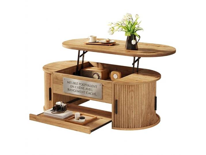 Table basse relevable multifonction 110x55 cm avec rangement caché