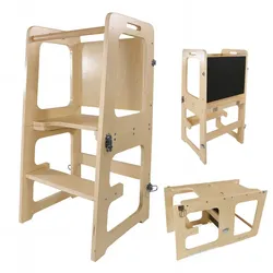 Lemodo 3in1 Lernturm aus Birke mit Maltafel, Tisch und Stuhl für Kinder, natur