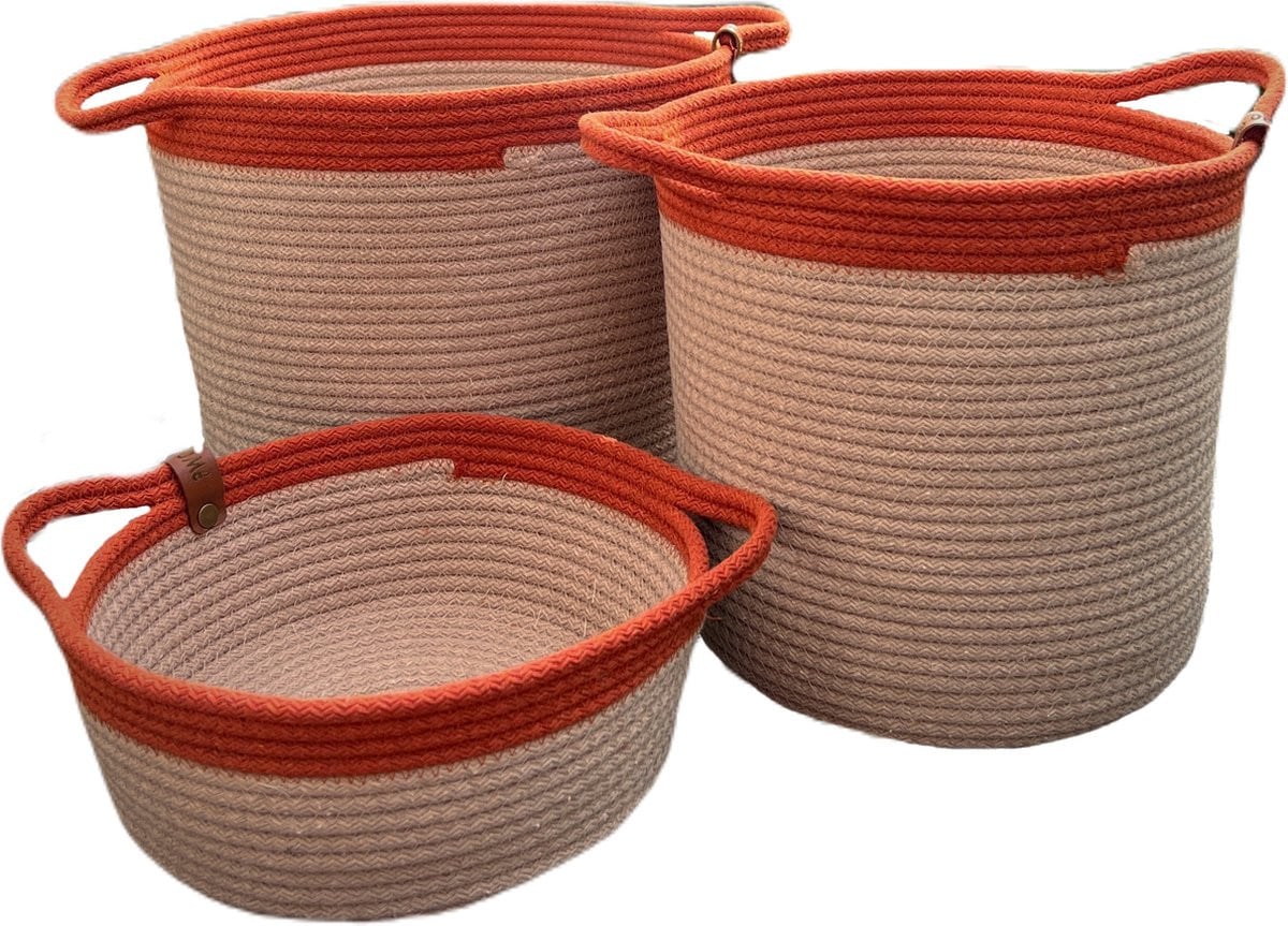 OZ Home 3-delige Mandenset Beige/Oranje - Stapelbare Textiele Manden voor Opslag en Decoratie