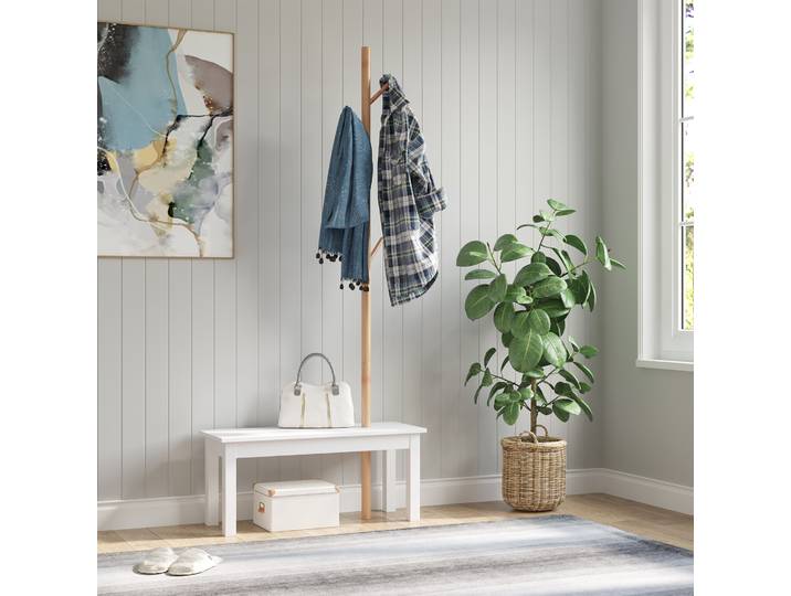 HOMCOM Banc porte-manteaux 2 en 1 design contemporain cosy dim. 80L x 30l x 180H cm MDF blanc bois massif bambou