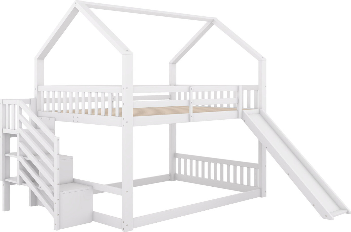 Etagenbett,140x200cm,Hochbett mit Stauraumtreppe und Rutsche, Hausbett, Kinderbett mit Geländer, geeignet für Kinder, Jugendliche,Weiß