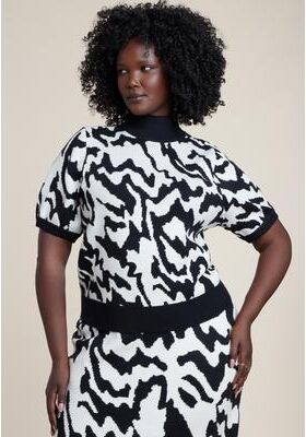 Plus Size Women's Cropped Intarsia Sweater by ELOQUII in Waves Red/white/blue (Size 26/28)