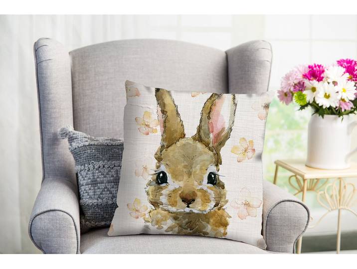 Dekokissen QUEENCE Baran , gelb (gelb, braun, bedruckt), B:40cm L:40cm, Polyester, Dekokissen_Sitzkissen_Kissenhüllen, Dekokissen, süsser Hase