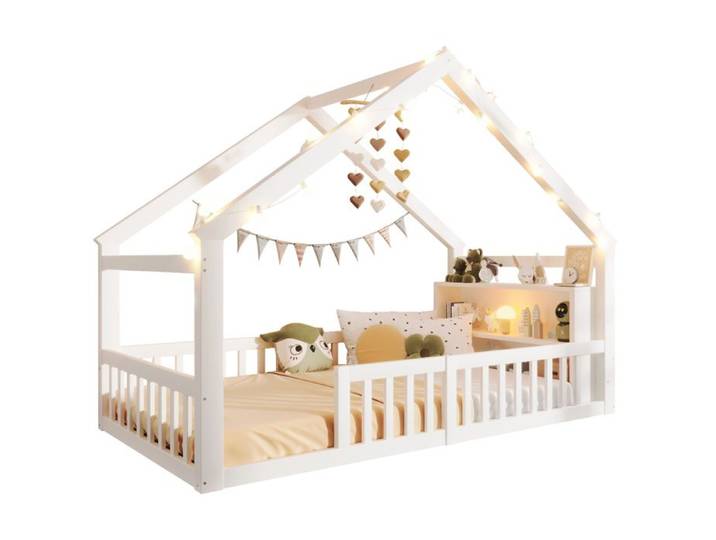 Lit enfant cabane blanc 90 x 190 cm avec barrières étagères et perles lumineuses sans matelas