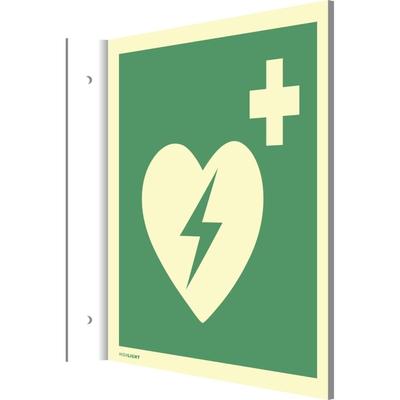 Fahnenschild Automat. externer Defibrillator Kunststoff nachl. 160-mcd 148x148mm.