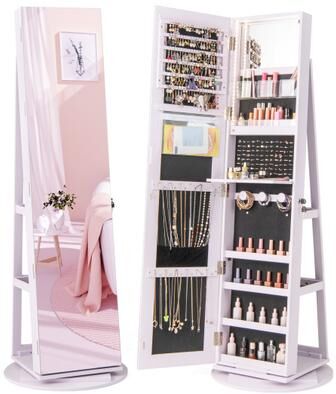 Costway 360° Rotating Mirrored Jewelry Cabinet Armoire 3 Color LED Modes Lockable-Purple