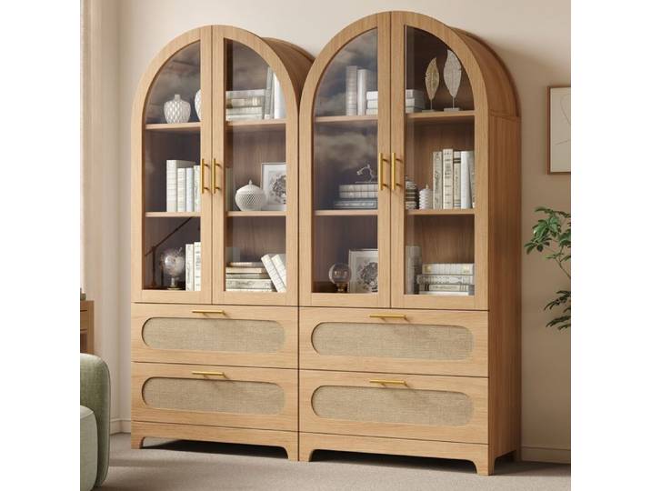 2 vitrines 175 x 80 x 40 cm chêne 2 portes vitrées 2 tiroirs rotin style rétro (lot de 2)