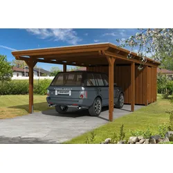 Carport Emsland 404x846cm mit Abstellraum, nussbaum, 20mm Dachschalung mit EPDM Folie Holzcarport