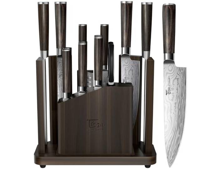 SYOKAMI 15-teiliges Küchenmesserset mit Magnetblock – Neu 2026 Abnehmbarer Steakmesserblock für den Tischservice, integrierter Messerschärfer, Holzgriff, Damastmuster, Geschenk zum Einzug
