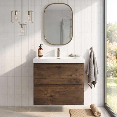 JimsMaison Wood Melamine with Resin & Calcium Carbonate Integrated Sink Wall-Mounted Bathroom Vanity, Pre-assembled