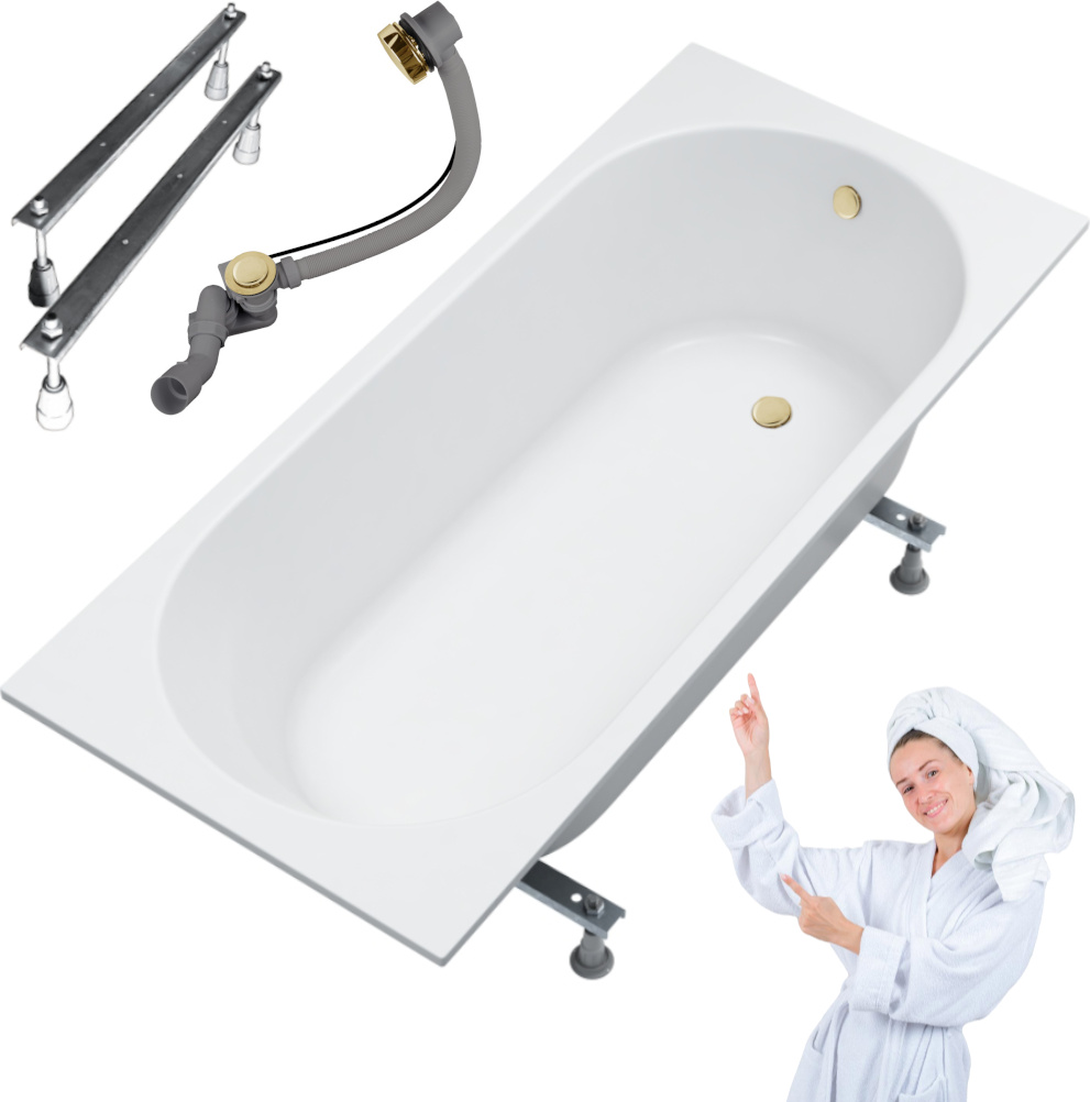 Aqua For You | Badewanne - Kronos Oval Badewanne - 170 x 75 Cm - Mit Goldenem Siphon - Antibac - Slim-design