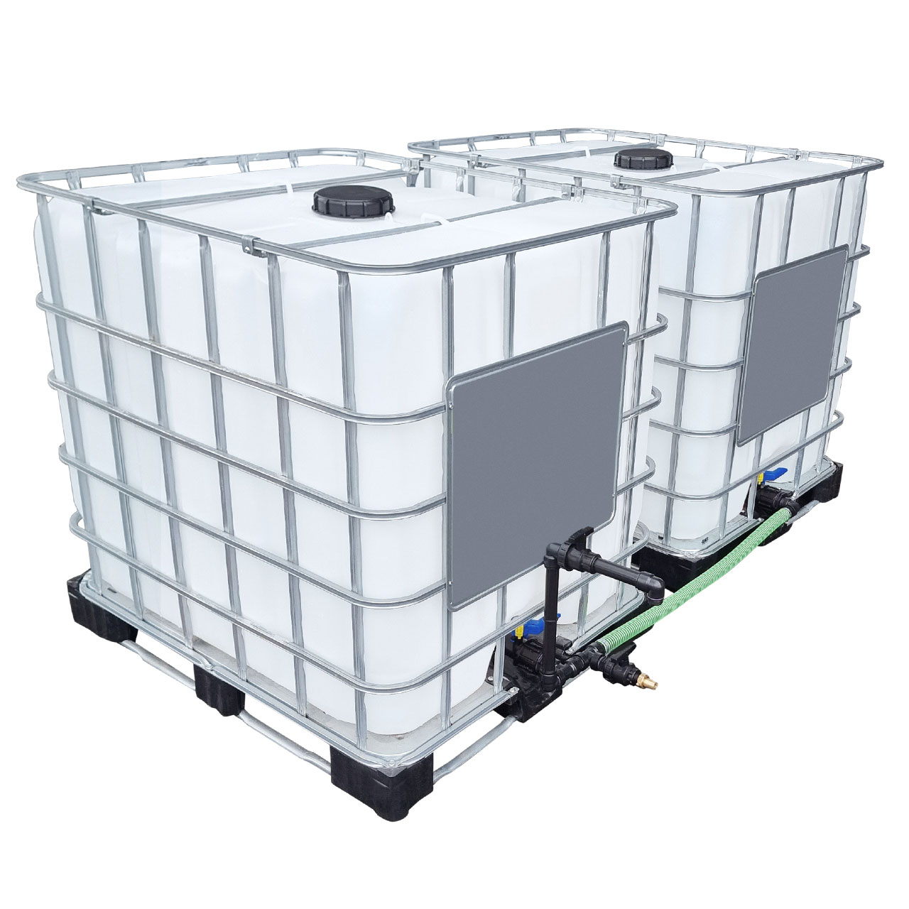 REKUBIK 2000l IBC Wassertank nebeneinander Schwanenhals mit Schlauch Tankverbindung 50mm (2")