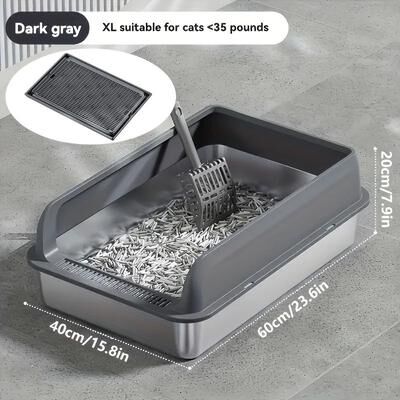 Inspired Finds KEMORELA Extra Large Stainless Steel Cat Litter Box With Lid Leak Proof High Sided Enclosed Litter Pan dark Grey 23.62in