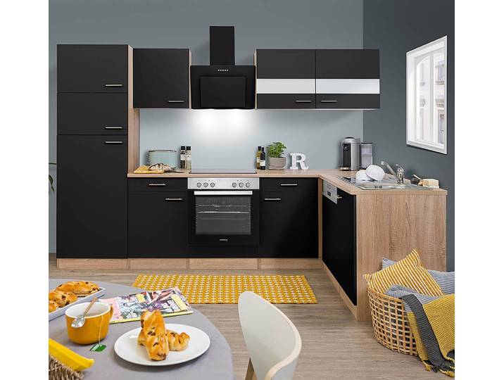 Cuisine angle Merle et lave-vaisselle 280cm Marron/Noir/Noir Vitrocéramique