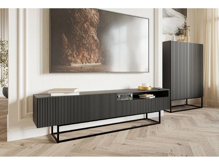 TV-Lowboard Veldio mit Gerätefach Front: MDF Mitteldichte Holzfaserplatte , beschichtet Korpus: Spanplatte, beschichtet Gestell: Stahl,