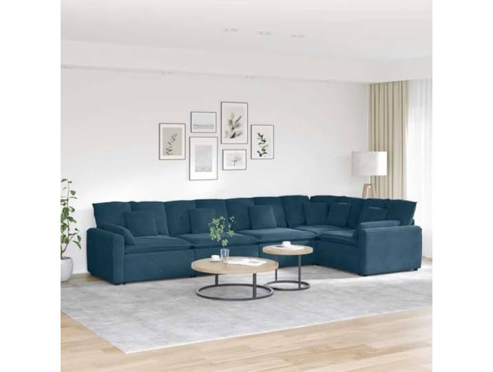 pokgdf Modulares Samtsofa Blau mit Kissen 5-teilig, Metallrahmen, Holzarmlehnen, Textilene-Sitzflächen, Schaumstofffüllung