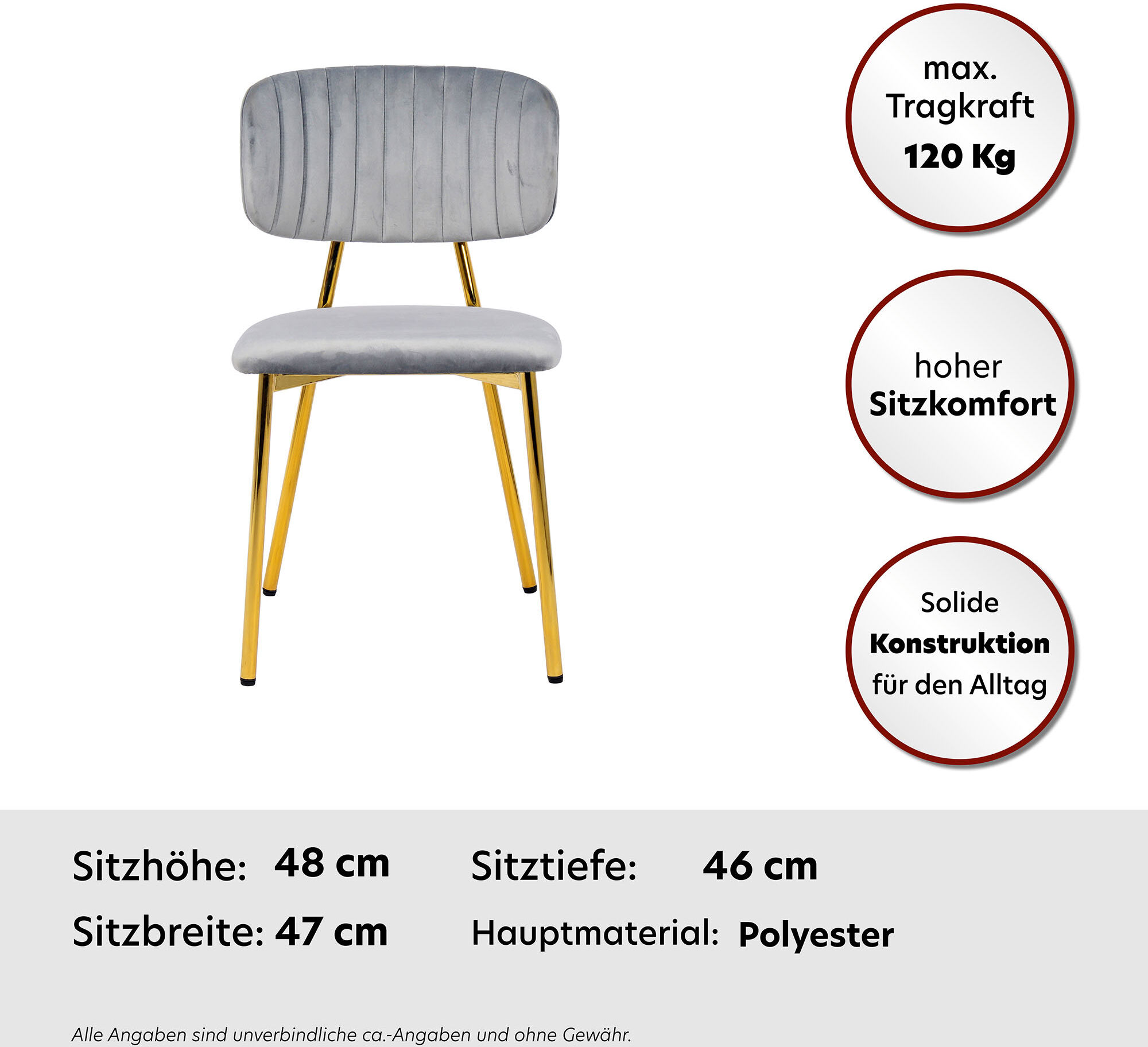 Kayoom "Stuhl Giselle 125 2er-Set, pflegeleichter Samtbezug" (Set) 2 Stk.mit Armlehnen, goldenes Gestell aus Edelstahl, Samtbezug, Ziernähte grau B/H/T: 51cm x 80cm x 47cm, 2 Stk.