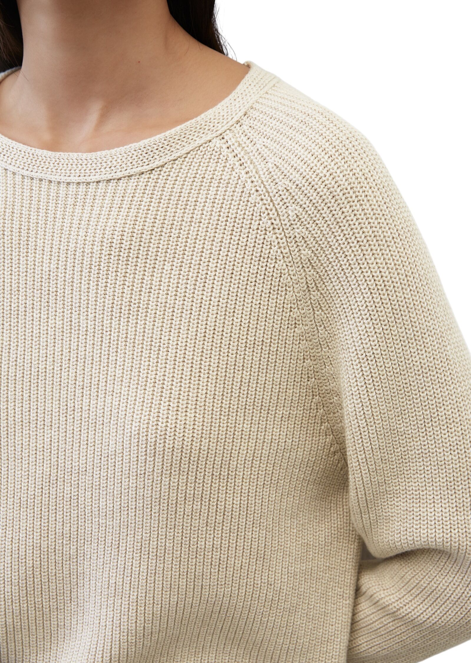 Marc O' Polo Rundhalspullover MARC O'POLO, Damen, Gr. XS, beige (hellbeige meliert), Strick, Obermaterial: 97% Baumwolle, 3% Elasthan, meliert, Pullover Rundhalspullover, im festem Baumwoll-Strick hellbeige meliert XS
