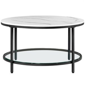 Vasagle Couchtisch LCT071B13, Holz / Glas, weiß marmoriert, rund, (Ø) 80 cm, mit Ablage