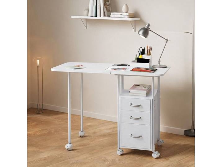 Bureau compact pliable sur roulettes avec 3 tiroirs MDF blanc 105x51x75 5 cm