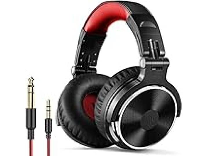 OneOdio Casque Audio Filaire DJ Piano Guitare avec Micro, Hi-Res Audio Extra Basse Son, Léger Confort Pliable Casques avec Share-Port, 2 câbles - Headphone pour PC Studio Monitor AMP Pro-10(Rouge)