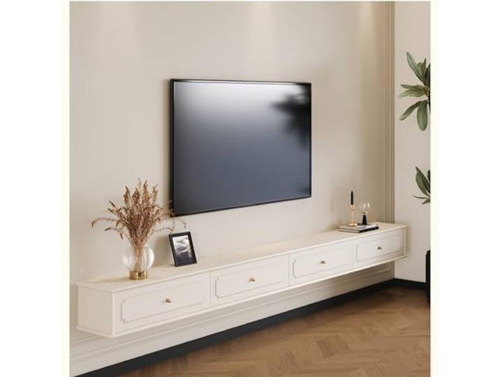 Wandmontierter TV-Ständer mit versteckter Kabelführung TV-Schrank Platzsparender schwimmender TV-Ständer mit hoher Tragfähigkeit(White,140*24*20cm)