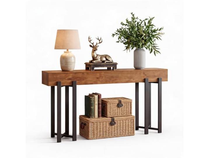 Litake 63 Moderne Konsolentisch aus Holz mit Metallbeinen Dunkelbraun 160 cm Schmaler Konsolentisch, Moderner Sofatisch Schmaler Sofatisch im rustikalen Industriedesign für & Wohnzimmer