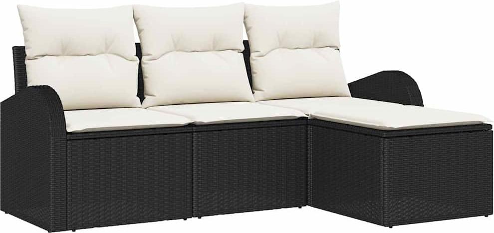 Sofa Set mit Kissen 4 pcs Schwarz und Weiß Poly-Rattan