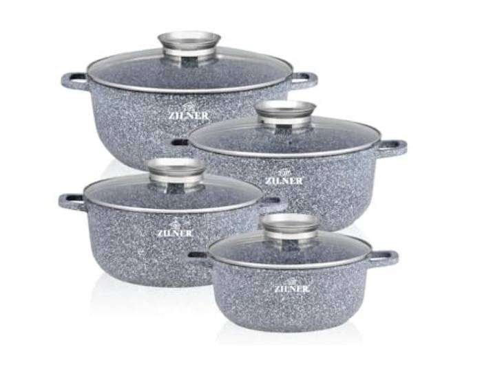 Topfset Induktion 8-Teilig mit Glasdeckel Kochtopf Set 4 Töpfen aus Aluminiumguss 4x Kochtöpfe Ø16, 20, 22, 26 cm PFOA & PFOS-freie Antihaftbeschichtung aus grauem Granit